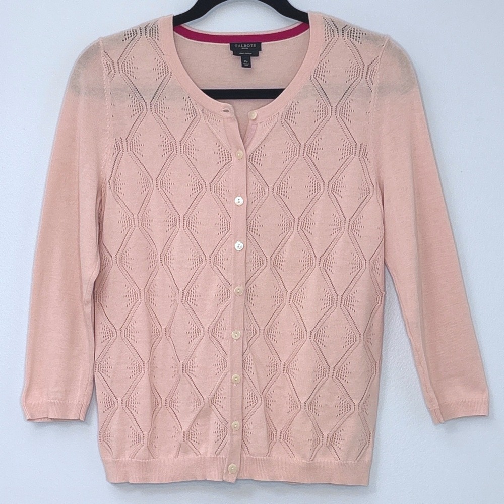 Talbots Petites Pink 100% Pima Cotton Pointelle Cardigan Sweater Womens MP - Picture 3 of 6